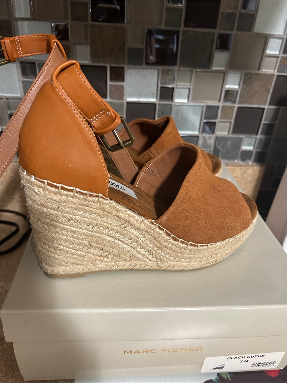 Steve Madden Tan Suede and Leather Espadrille Wedge Sandals